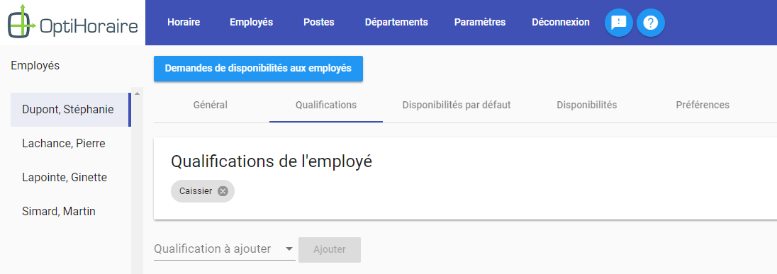 Qualifications d'un employé